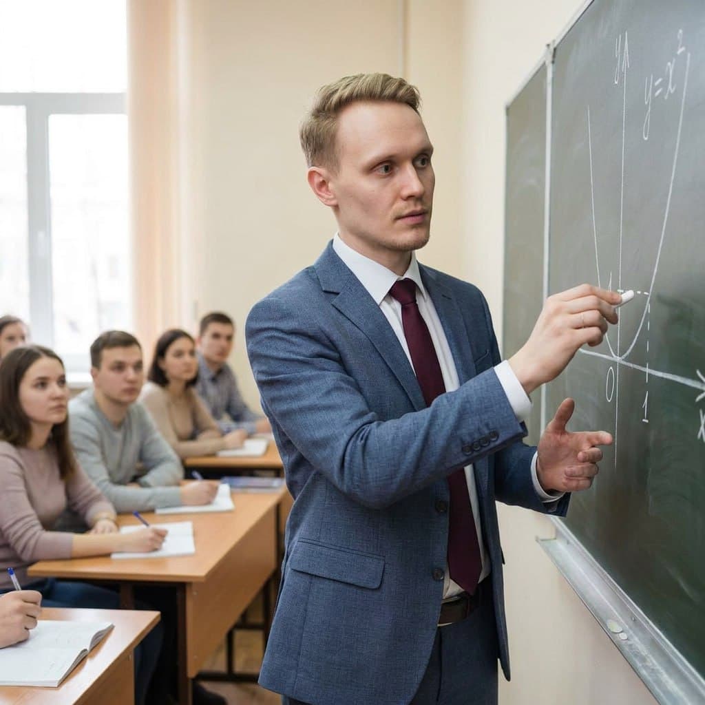 Виктор Сухоруков объясняет график параболы у доски